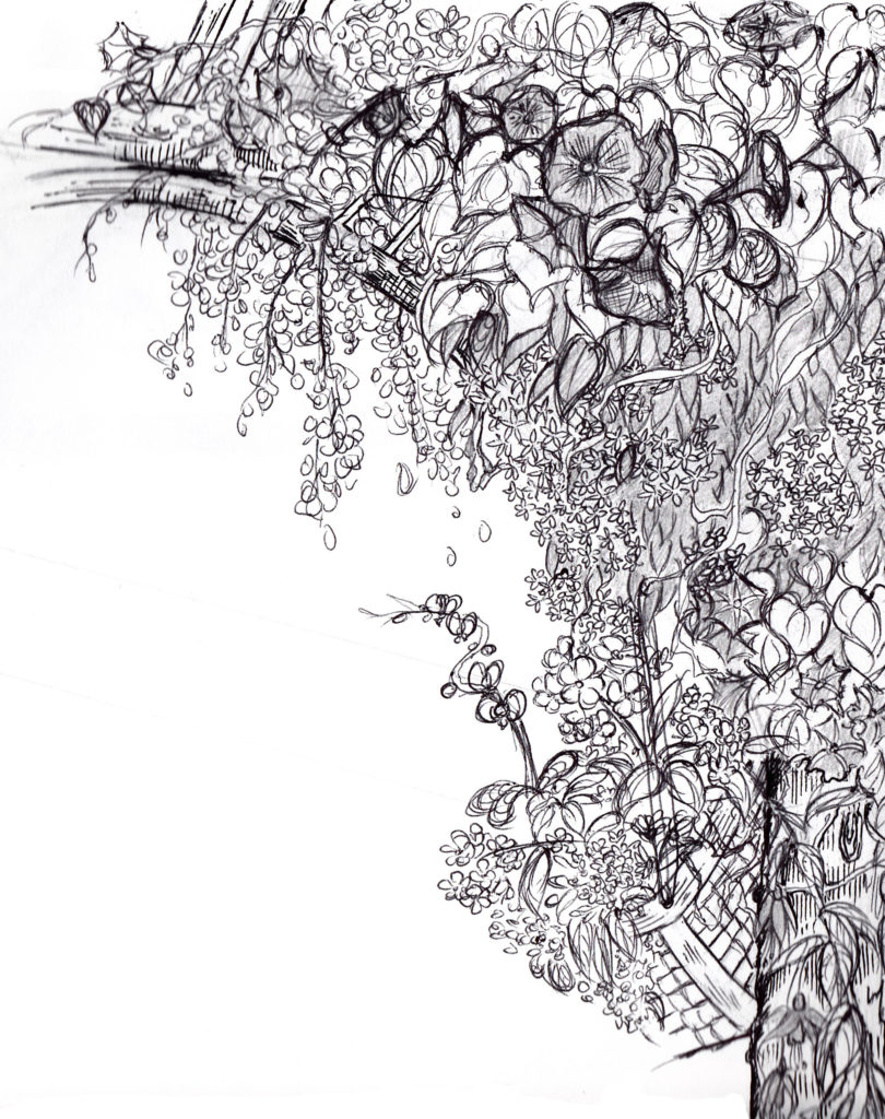 Full-page artwork with flowers growing along and off of the trunk and branches of a tree.