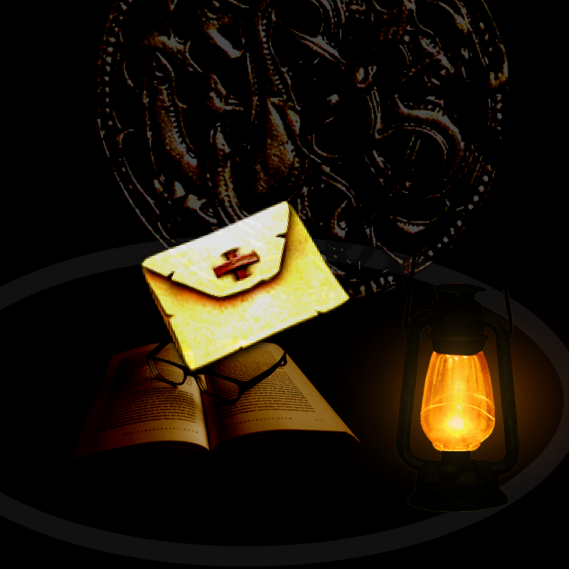 A letter, a lantern, a book, a pair of glasses, and a crest of some sort are on a table, shrouded by darkness.