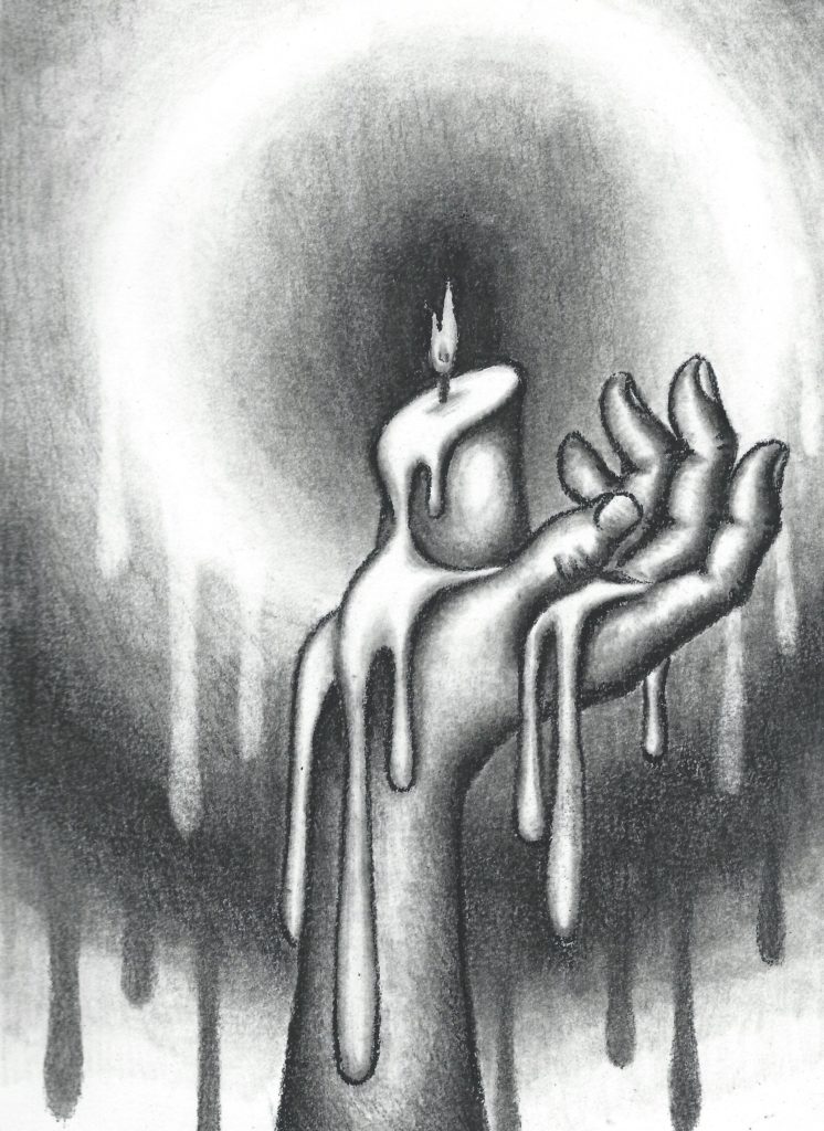 A hand holds up a half-melted candle, with wax dripping from the sides. Darkness emanates from the flame.