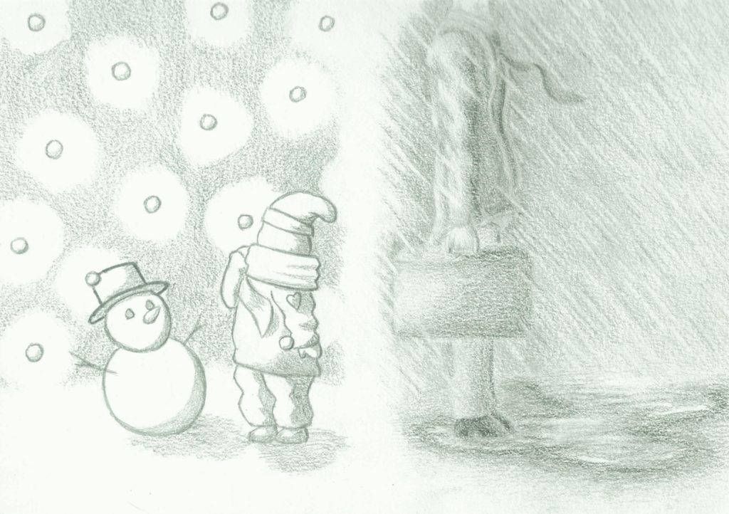 In snowy weather, a child clad in winter attire with a heart on their sleeve stands in front of a happy snowman with a tophat. On the right and in rainy weather, an adult stands turned away from the child, suitcase in hand.