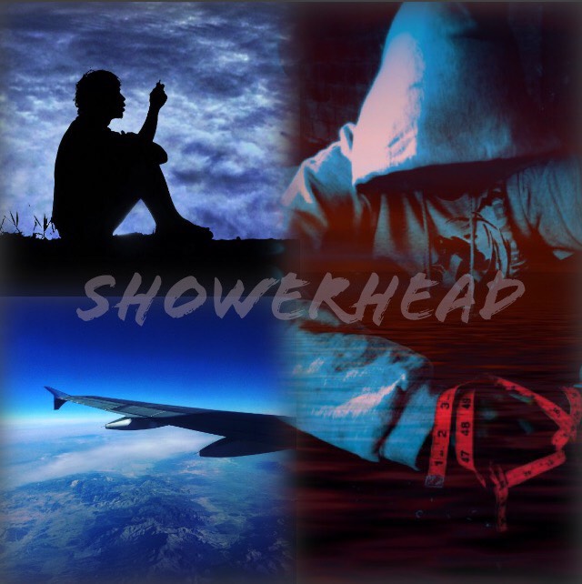 Three images, with the word "showerhead" in all caps lightly written in the background. The first image takes up the upper-left quadrant and shows the silhouette of a person sitting down and holding one of their hands up, contemplating something. The second image takes up the lower-left quadrant and shows the wing of an airplane mid-flight. The third image takes up the upper-right and lower-right quadrants and shows a person in a hoodie looking downward at a measuring tape.