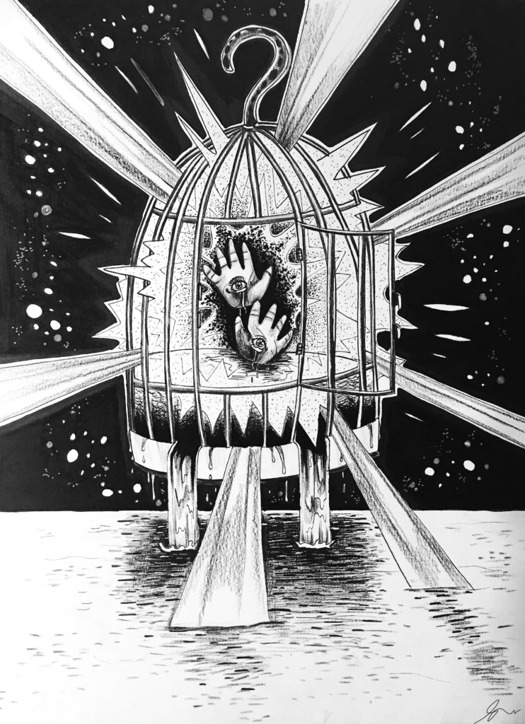 An open birdcage is suspended above water and in front of a black backdrop with white specks. Water appears to flow from the bottom of the cage while rays of light shoot out from the center. The hook of the cage is shaped like a question mark. Within the cage are two hands with eyes on their palms; the eyes seem to be crying.