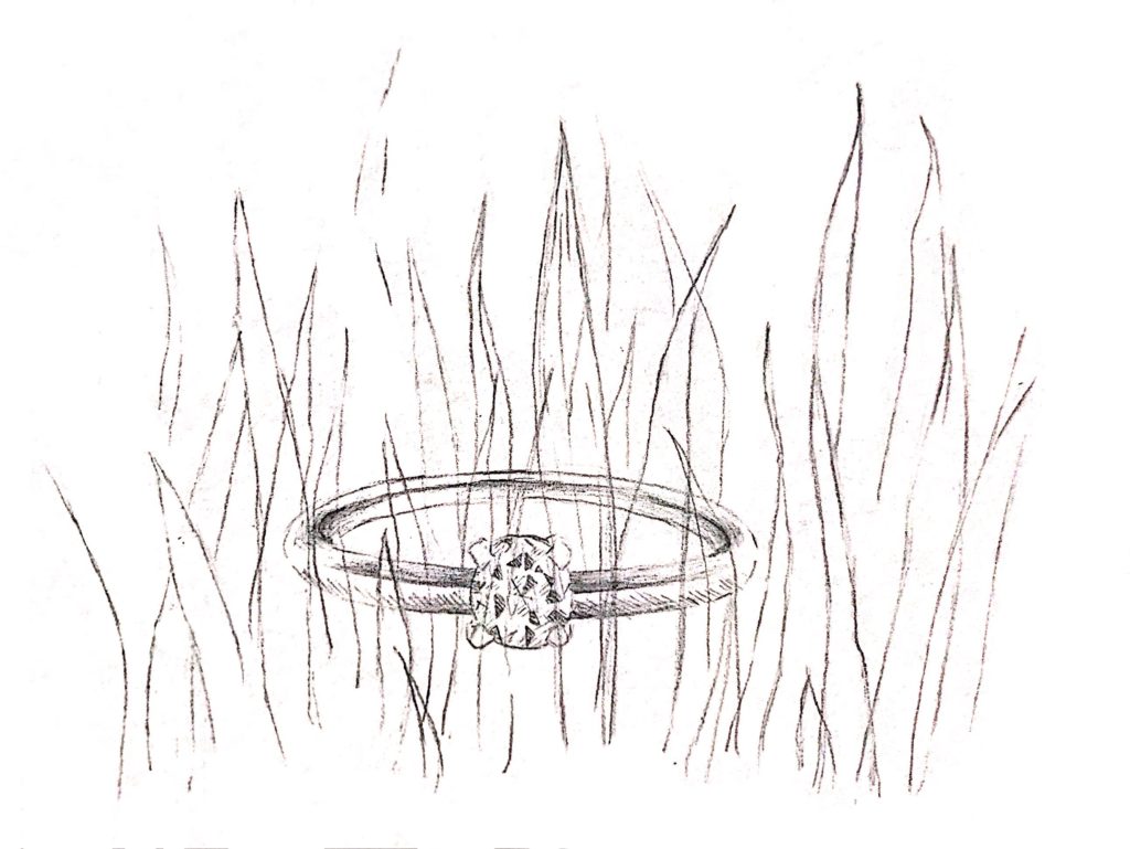 A ring is on the ground, surrounded by blades of grass.