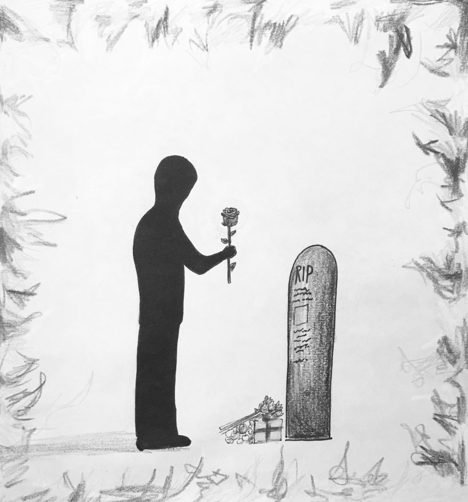 A standing figure holds a rose in front of a gravestone.