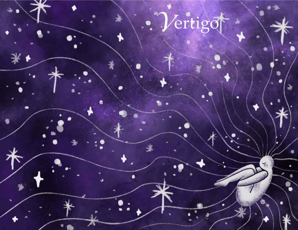 A figure is in fetal position, floating in space while stars and pinpricks of light dot the purple background.