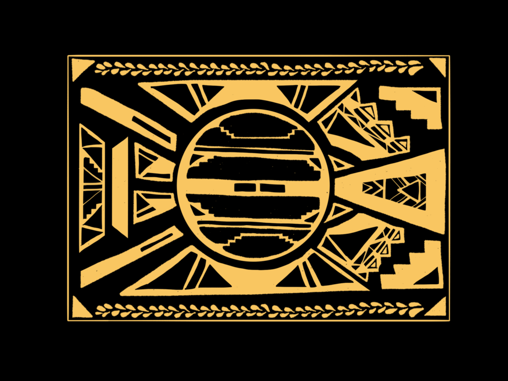 A symmetrical mosaic of different shapes arranged in a symbolic fashion and in the general shape of a sun. Yellow and black are the only two colors.