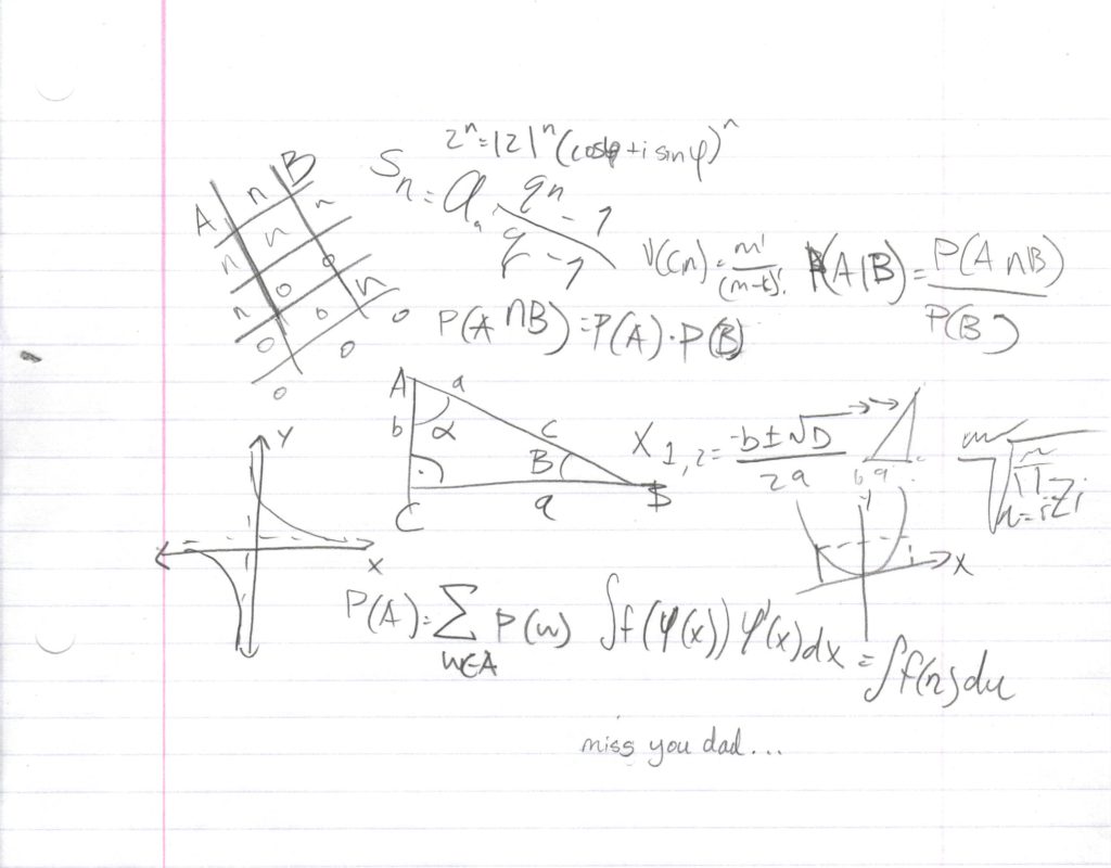 Messy scribbles on binder paper about math notation, including probability expressions, asymptotes, and integrals. Near the bottom of the image is smaller and neater text that reads "miss you dad…".
