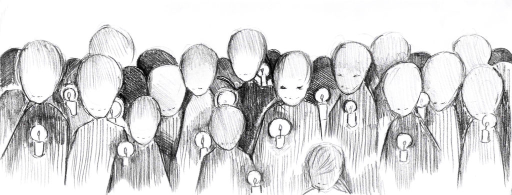 A crowd of cloaked figures parade in the dark, holding candles while displaying slight smiles.