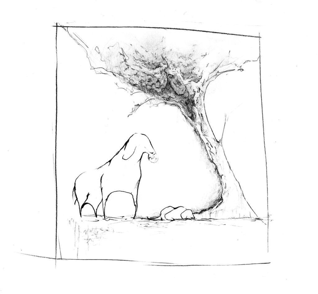A vague, doglike creature with spindly legs stands beside a lopsided tree. The entire image is surrounded by a misshapen box.