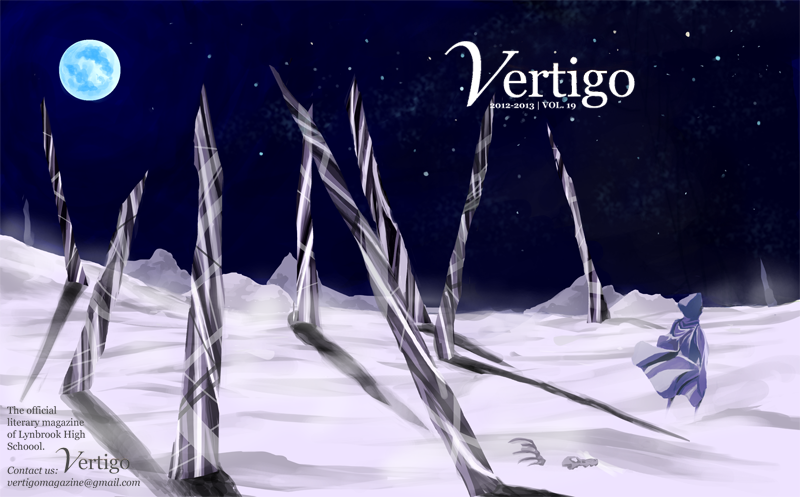 Metal, misshapen spikes with multiple criss-crossing lines jut out in a variety of angles from a white wasteland, possibly of snow. A hooded and cloaked figure moves off into the distance to the right. It is nighttime, and the skies are clear and starry; a moon is visible.