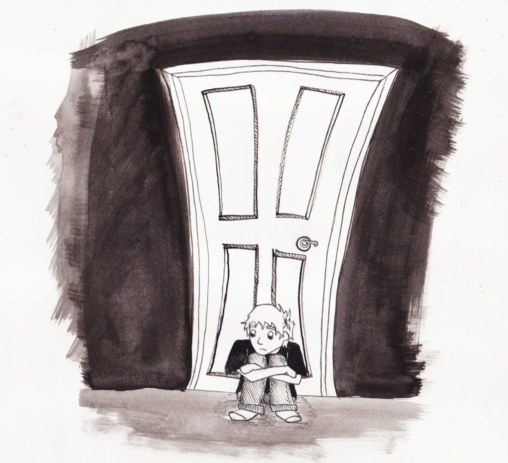 A young child sits, with hands around his knees, in front of a distorted, top-heavy door. He has a worried look on his face.