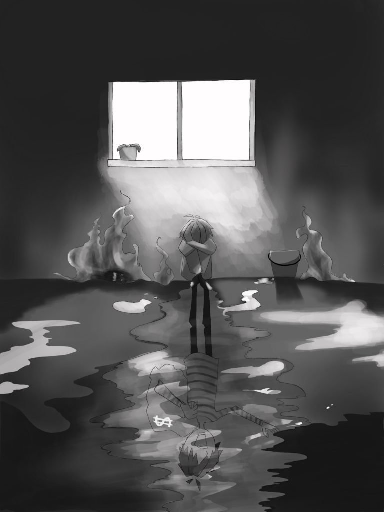A boy sits in a dark room, with arms crossed and head tucked into his elbows. The only light comes from a single window above him. Fire surrounds him. Water pools at his feet, with a reflection of the same boy but with a smug attitude and a bag of cash over his shoulders.