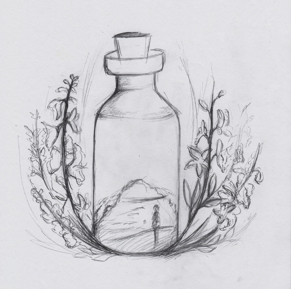 A variety of plants grow from under a corked bottle. Inside the bottle, a person looks at the peak of a mountain.