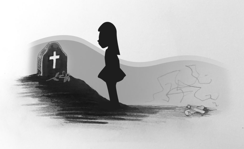 A silhouette of a girl stands at a grave marked with a cross, with a rose beneath it. Behind her is a burnt-out campfire.