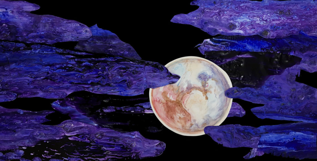 Purple, distorted clouds or asteroids partially obscure a scene of Pluto.