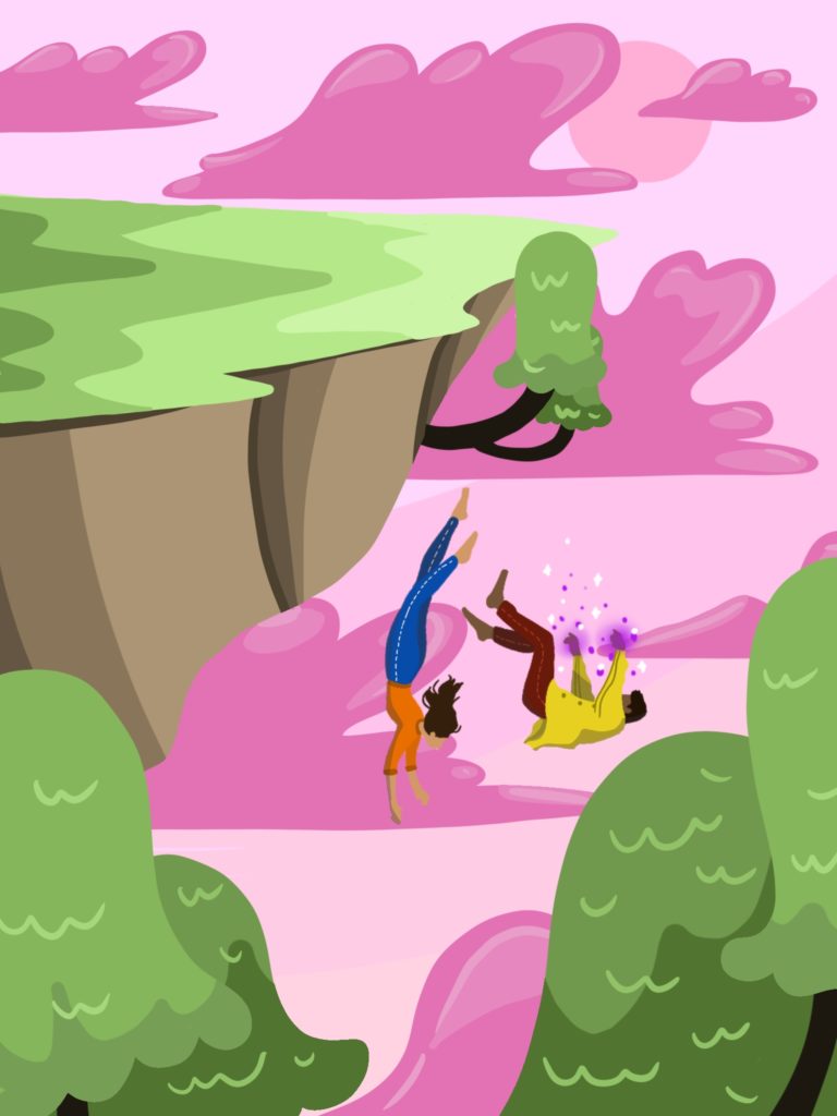 Two individuals fall down from a cliff face through a pink sky. Sparkles emanate from the hands of the person on the right.