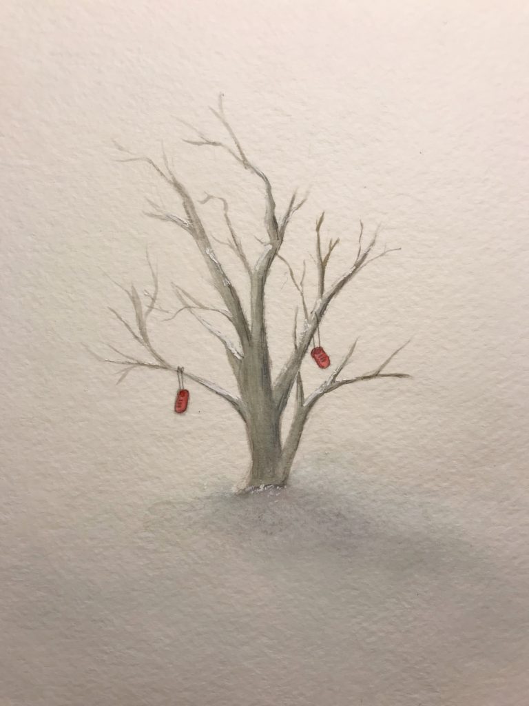 A barren tree lightly covered in snow sits within a snowy landscape. Two red shoes, separated from each other, hang on the branches by their shoelaces.