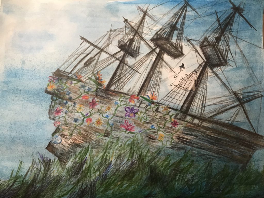A large wooden ship lies abandoned on grass, its hull overgrown with flowers. Three ghosts float above.