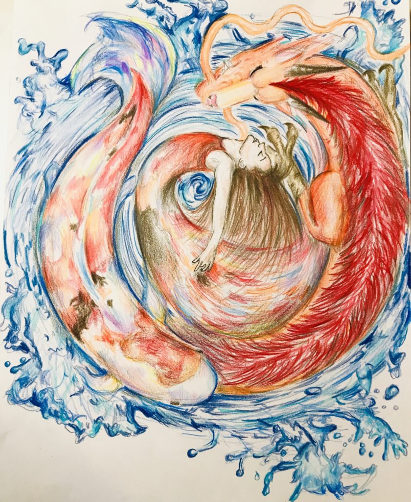 A girl with the body of a fish and a dragon swirl down into a whirlpool.