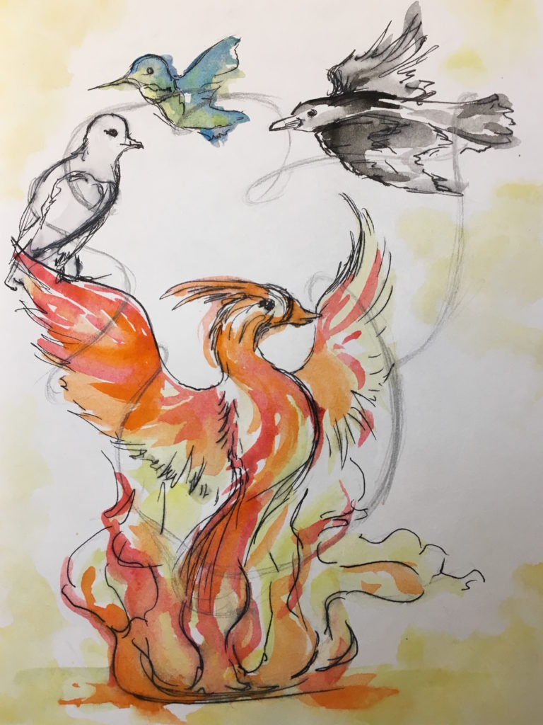 A phoenix spreads its wings while a dove, a hummingbird, and a raven fly overhead.