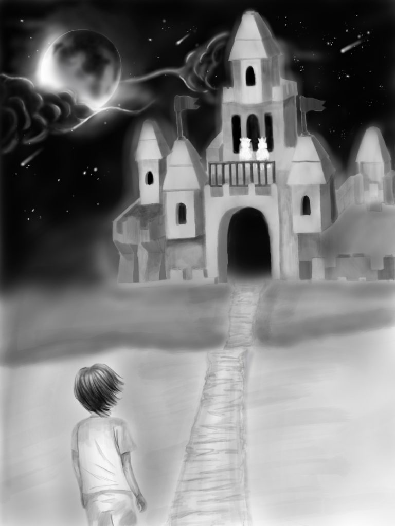 A boy looks up at a castle, with a king and a queen at the top. It is nighttime, and a moon and shooting stars are visible.