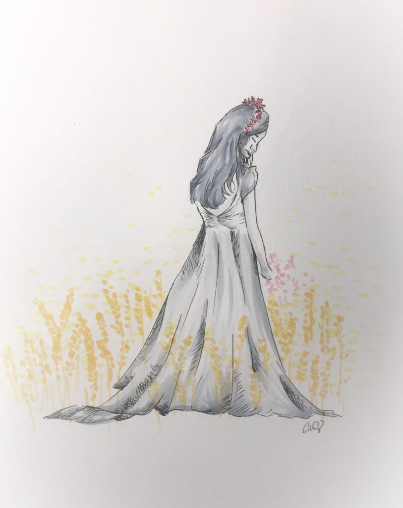 A woman in a bridal gown stands surrounded by stalks of wheat. Her eyes are closed, her head is facing downward, and her expression is pensive.