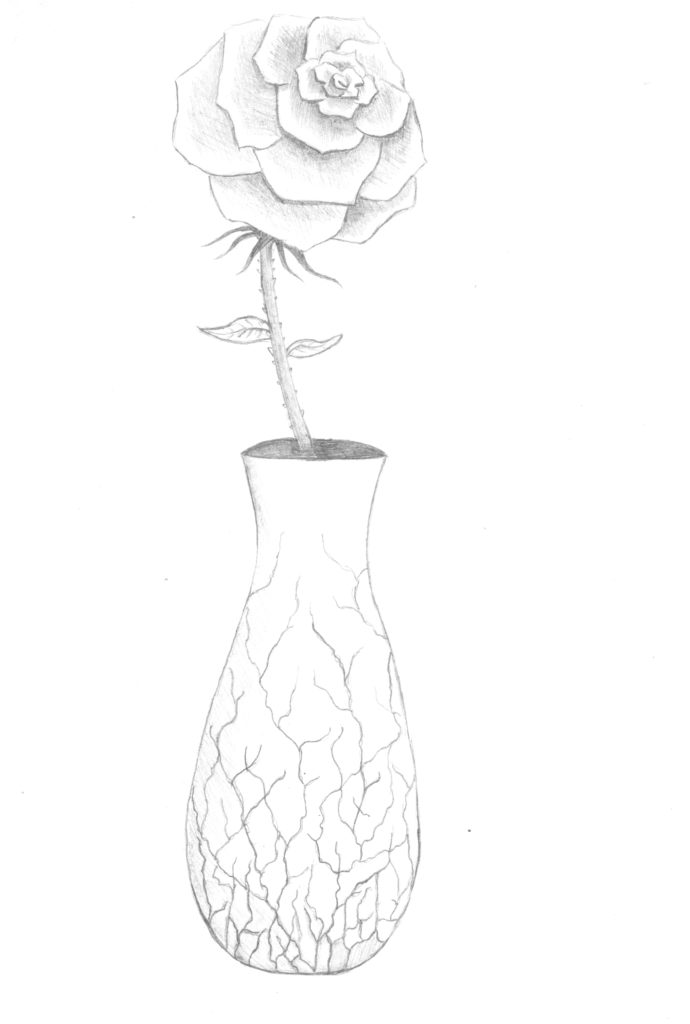 A lightly-thorny rose sits in a cracked vase.