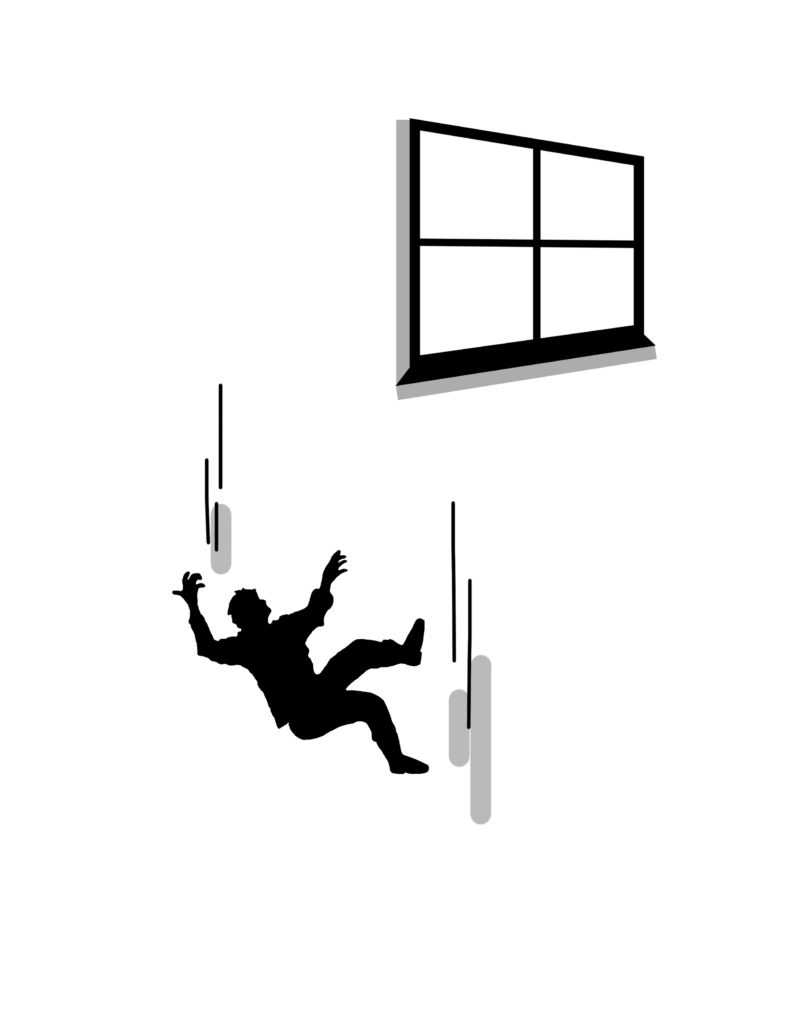 A person falls vertically downward next to a window.