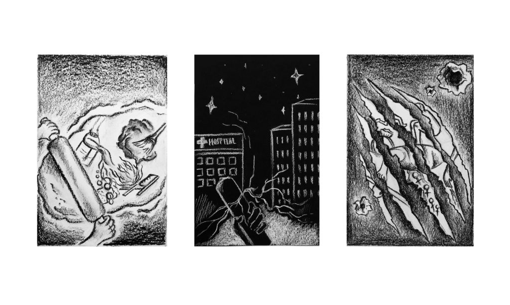 Three images arranged horizontally. The first image is someone using a rolling pin to roll out dough. The third image is a scar. The second image is a person clutching a letter tied with ribbon, a hospital and high-rise buildings in the background.