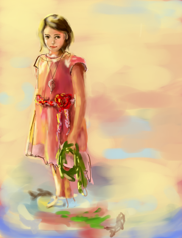 A girl wearing a pink outfit stands amidst a cloudy landscape holding a green rope.